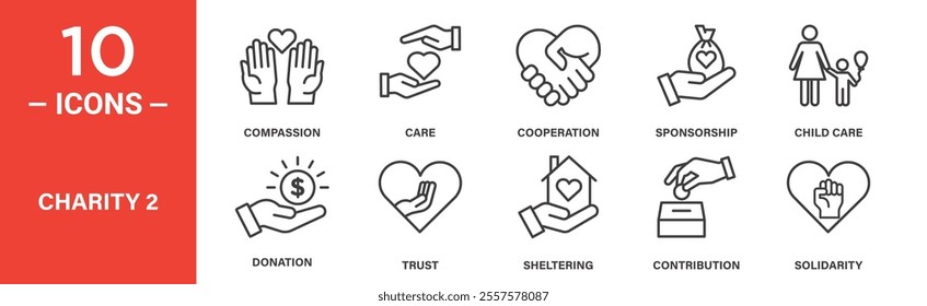 A set of 10 minimalist line icons focused on charity and compassion, including compassion, care, cooperation, sponsorship, child care, donation, trust, sheltering, contribution, and solidarity.