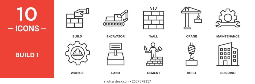 A set of 10 minimalist line icons related to construction and building, featuring build, excavator, wall, crane, maintenance, worker, land, cement, hoist, and building.