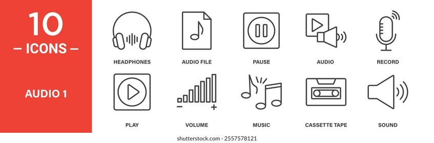 A set of 10 minimalist line icons related to audio, featuring headphones, audio file, pause, play, record, volume, music, cassette tape, and sound.