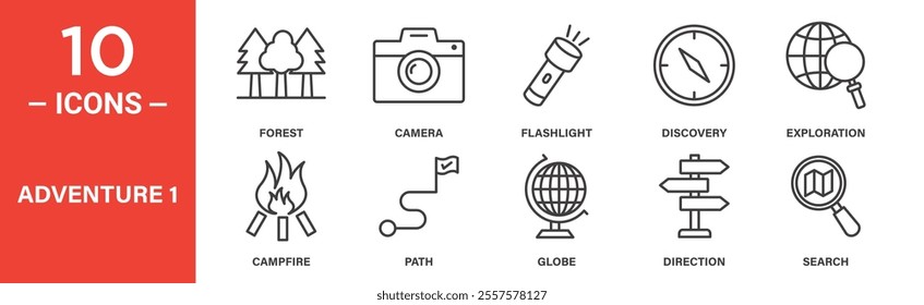 A set of 10 minimalist line icons depicting adventure themes, including forest, camera, flashlight, discovery, exploration, campfire, path, globe, direction, and search.