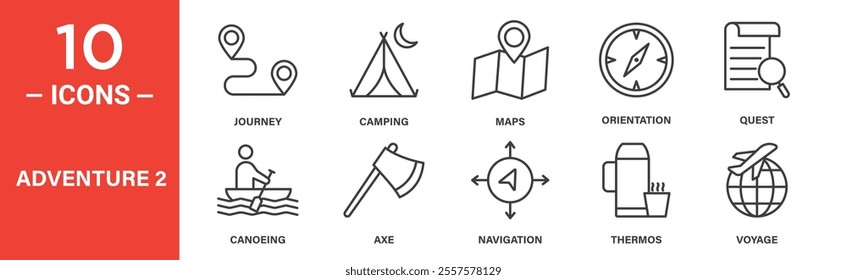 A set of 10 minimalist line icons illustrating adventure concepts, including journey, camping, maps, orientation, quest, canoeing, axe, navigation, thermos, and voyage.