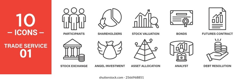 A set of 10 minimalist line icons illustrating various financial and trade concepts, including participants, shareholders, stock valuation, bonds, futures contracts, stock exchange, angel investment, 