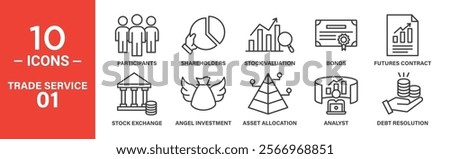 A set of 10 minimalist line icons illustrating various financial and trade concepts, including participants, shareholders, stock valuation, bonds, futures contracts, stock exchange, angel investment, 