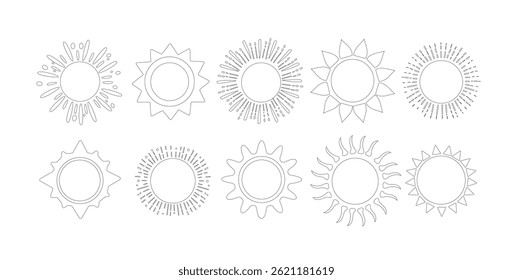 Set of 10 minimalist linear sun icons in outline style. Each sun has a unique geometric design with rays, spikes or dots radiating outward. 