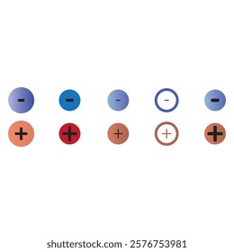 Set of 10 minus and plus signs - blue and red circle icons. Simple schematic illustration