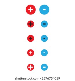 Set of 10 minus and plus signs - blue and red circle icons. Simple schematic illustration