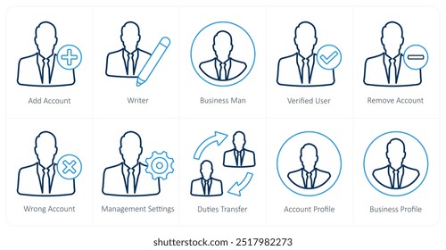 A set of 10 mix icons as add account, writer, businessman