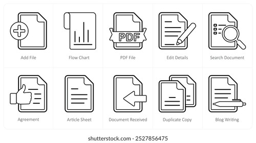 Ein Satz von 10 Mix-Icons als Add-Datei, Flussdiagramm, PDF-Datei