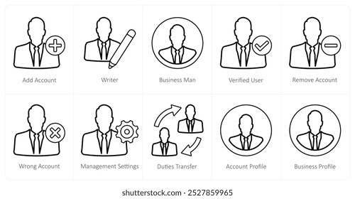 A set of 10 mix icons as add account, writer, businessman