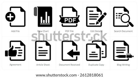 A set of 10 mix icons as add file, flow chart, pdf file