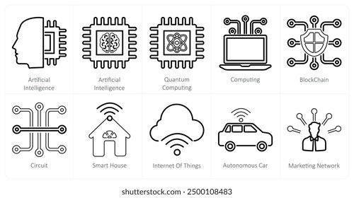 A set of 10 mix icons as artificial intelligence, quantum computing, computing, blockchain