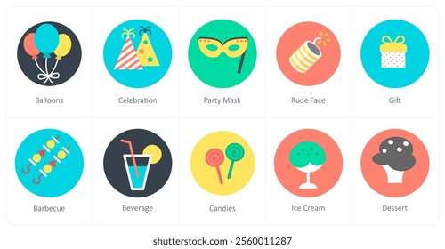 A set of 10 mix icons as balloons, celebration, party mask