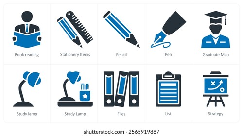 A set of 10 mix icons as book meeting, stationery items, pencil