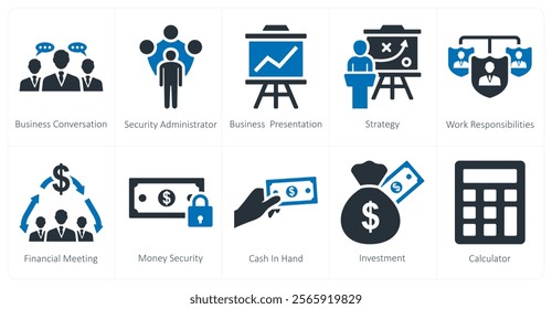 A set of 10 mix icons as business conversation, security administrator, business presentation