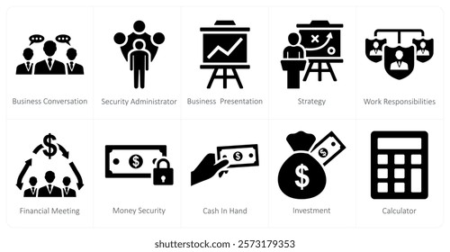 A set of 10 mix icons as business conversation, security administrator, business presentation