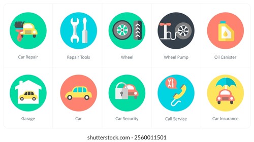 A set of 10 mix icons as car repair, repair tools, wheel