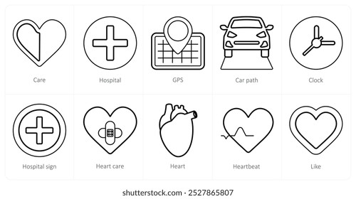 A set of 10 mix icons as care, hospital, gps