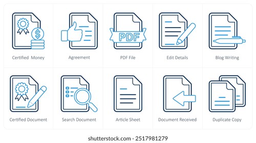 Ein Satz von 10 Mix-Icons als zertifiziertes Geld, Vereinbarung, pdf-Datei