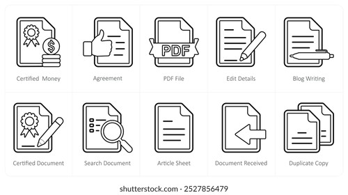 Um conjunto de 10 ícones mistos como dinheiro certificado, contrato, arquivo pdf