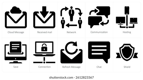 A set of 10 mix icons as cloud message, received mail, network