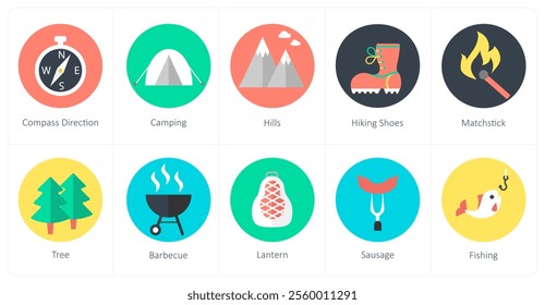 A set of 10 mix icons as compass direction, camping, hills