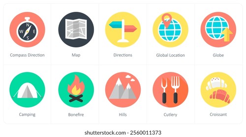 A set of 10 mix icons as compass direction, map, directions