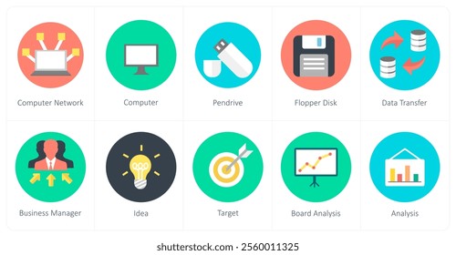 A set of 10 mix icons as computer network, computer, pen drive