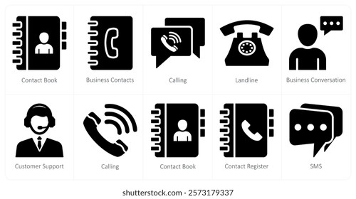 A set of 10 mix icons as contacts book, business contacts, calling