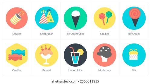 A set of 10 mix icons as cracker, celebration, ice cream cone
