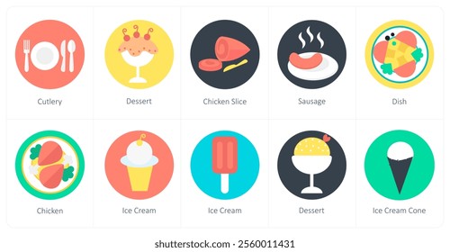 A set of 10 mix icons as cutlery, dessert, chicken slice