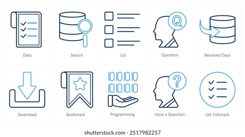 Ein Satz von 10 Mix-Icons als Daten, Suche, Liste, Frage