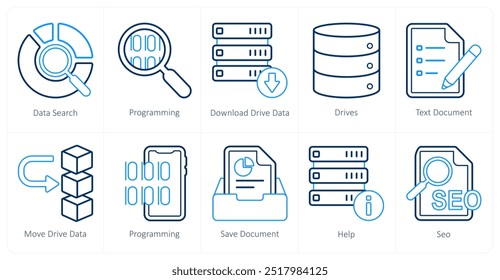 A set of 10 mix icons as data search, programming, download drive data