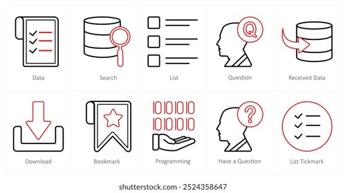 A set of 10 mix icons as data, search, list, question