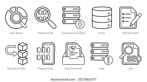 Um conjunto de 10 ícones mistos como pesquisa de dados, programação, baixar dados da unidade