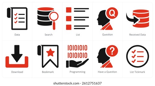 A set of 10 mix icons as data, search, list, question