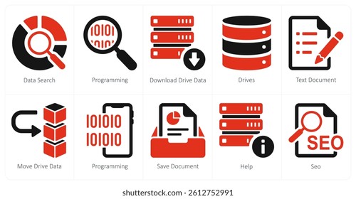 A set of 10 mix icons as data search, programming, download drive data