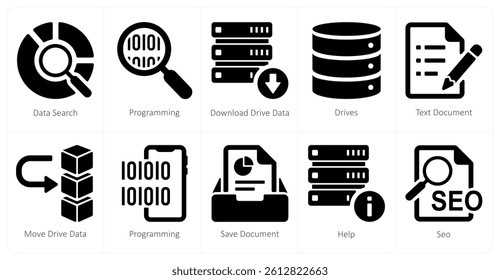 A set of 10 mix icons as data search, programming, download drive data