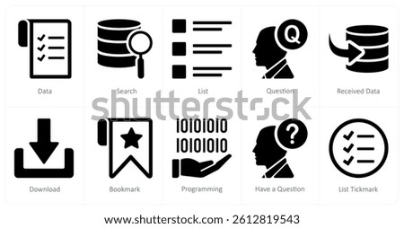 A set of 10 mix icons as data, search, list, question