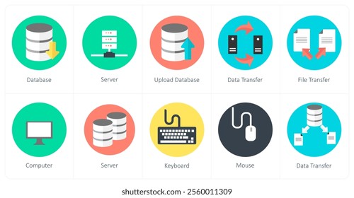 A set of 10 mix icons as database, server, upload database