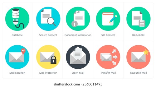 A set of 10 mix icons as database, search content, document information