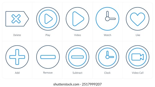 Un conjunto de 10 iconos de la mezcla como Borrar Video, juego,