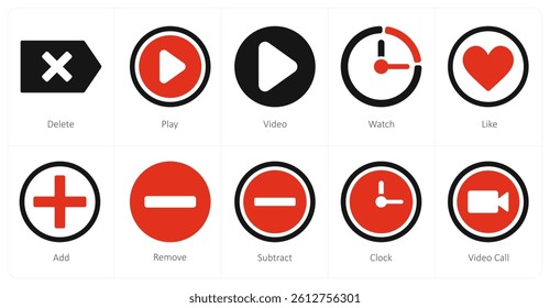 A set of 10 mix icons as delete, play, video