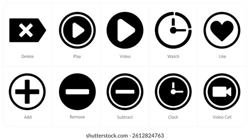 A set of 10 mix icons as delete, play, video