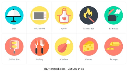 A set of 10 mix icons as dish, microwave, apron