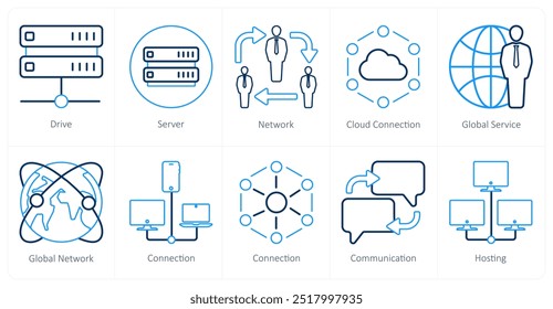 A set of 10 mix icons as drive, server, network