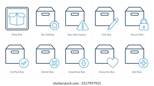 A set of 10 mix icons as drop box, box setting, box information