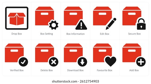A set of 10 mix icons as drop box, box setting, box information