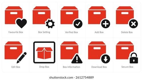 A set of 10 mix icons as favorite box, box setting, verified box