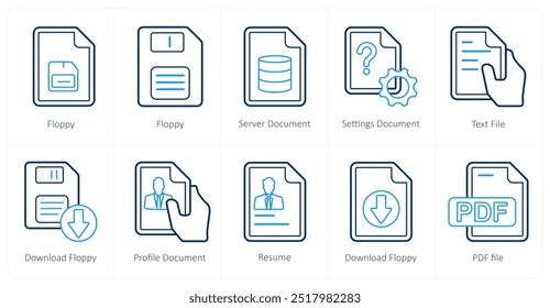 A set of 10 mix icons as floppy, server document, settings document