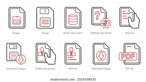 A set of 10 mix icons as floppy, server document, settings document